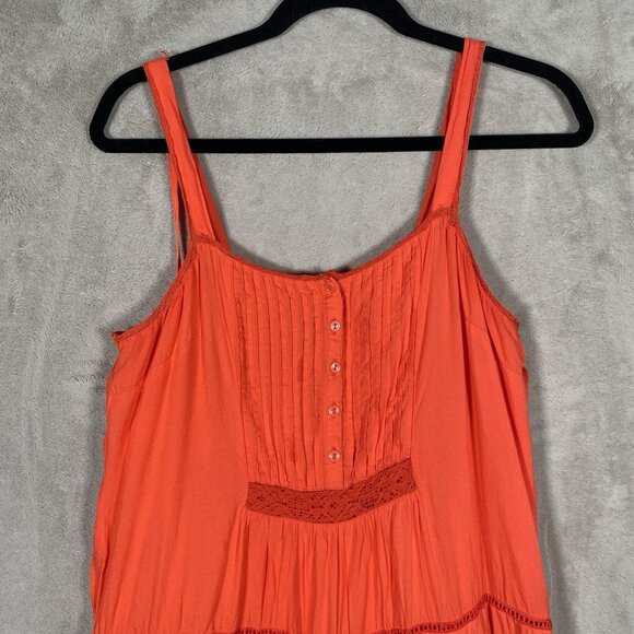 Old Navy Coral Orange Midi Dress w/ Slip M Pintuck Pleat Embroidery Boho Peasant - Picture 3 of 16